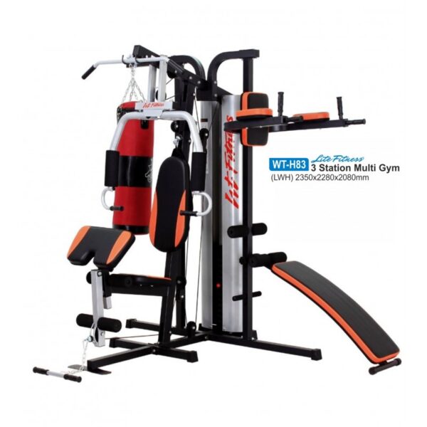 A Lite Fitness WT-H83 3-station multi-gym. It features a bench press station, a punching bag, a pull-up bar, and other workout stations. The equipment is black and orange.