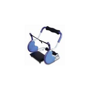 A blue and black abdominal exercise machine with a padded seat and handles. The machine has a spring-loaded mechanism that allows for targeted abdominal workouts.