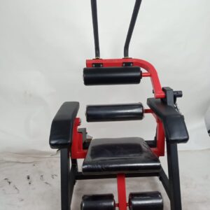 Abdominal exercise machine with a padded seat and backrest, adjustable handles, and multiple roller pads. The machine is designed for targeted abdominal workouts.