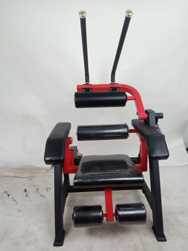 Abdominal exercise machine with a padded seat and backrest, adjustable handles, and multiple roller pads. The machine is designed for targeted abdominal workouts.