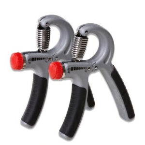 Two adjustable hand grippers with a silver metal frame and black rubber handles. The grippers have red tension adjustment buttons and spring-loaded mechanisms.