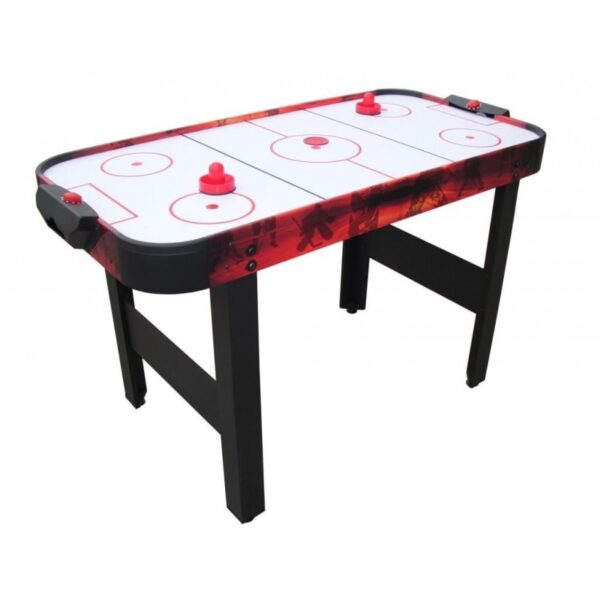 An air hockey table with a black frame and a red and white playing surface. The table has four goals and two pucks.