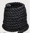 A coiled black battle rope. The rope is thick and appears to be made of a durable material.