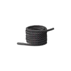 A coiled black battle rope. The rope is thick and appears to be made of a durable material.