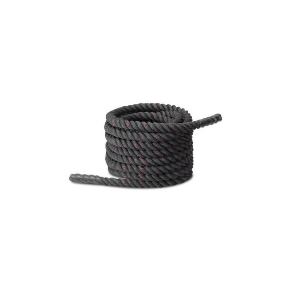 A coiled black battle rope. The rope is thick and appears to be made of a durable material.