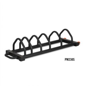 PM230S Bumper Plate Rack. A black metal rack with five curved supports for storing bumper plates. The rack has a handle for easy mobility.