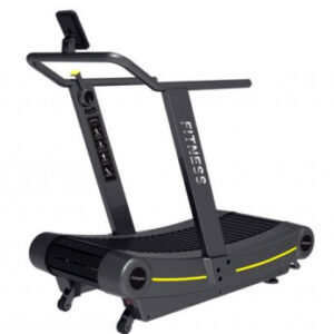 Fitness CT300 Manual Commercial Curved Treadmill. A black curved treadmill with a digital display, handles, and a curved running belt. The word "FITNESS" is printed on the side of the treadmill.