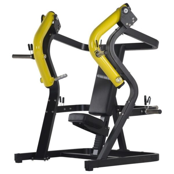 A shoulder press machine, also known as a shoulder press station. It has a padded seat and back rest, with adjustable weights and handles for working out the shoulder muscles.