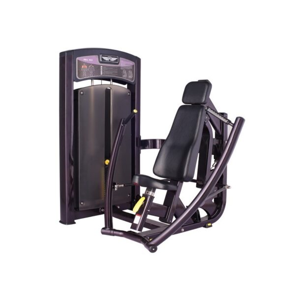 A shoulder press machine, also known as a shoulder press station. It has a padded seat and back rest, with adjustable weights and handles for working out the shoulder muscles.