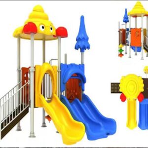 A colorful children's playground with a slide, climbing wall, and a canopy shaped like a turtle. The playground is designed with bright colors and playful themes.