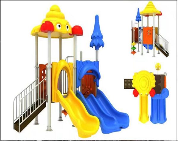 A colorful children's playground with a slide, climbing wall, and a canopy shaped like a turtle. The playground is designed with bright colors and playful themes.