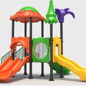 Children's outdoor playground equipment with a slide, climbing wall, and a canopy shaped like a turtle. The playground is designed with bright colors and playful themes.