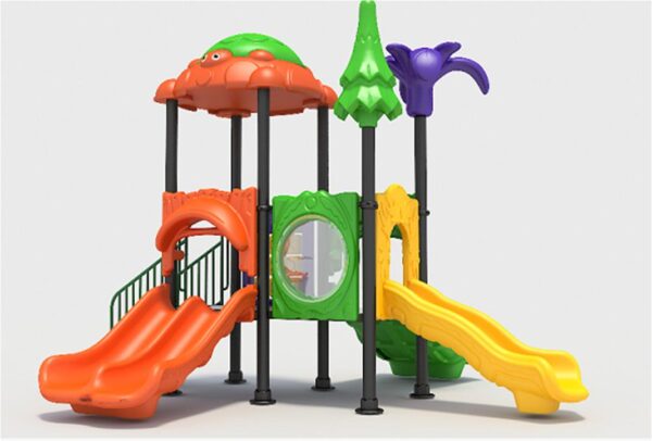 Children's outdoor playground equipment with a slide, climbing wall, and a canopy shaped like a turtle. The playground is designed with bright colors and playful themes.