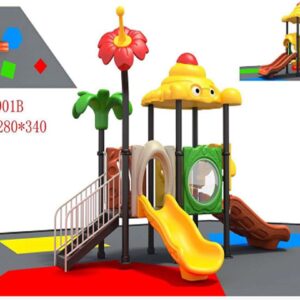 Children's outdoor playground equipment with a slide, climbing wall, and a canopy shaped like a flower. The playground is designed with bright colors and playful themes.