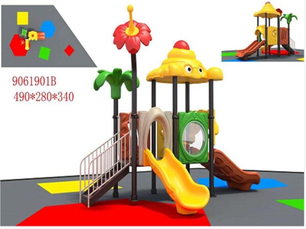 Children's outdoor playground equipment with a slide, climbing wall, and a canopy shaped like a flower. The playground is designed with bright colors and playful themes.