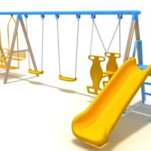 Children's playground equipment with multiple swings, a slide, and a climbing ladder. The swings include a baby swing, a regular swing, and a double swing. The slide is yellow and has a curved shape. The climbing ladder is made of metal bars and has a vertical design.