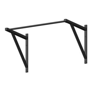 A black wall-mounted pull-up bar with a straight horizontal bar and triangular brackets on each side.