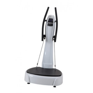 A white whole-body vibration machine with black handles and a digital display. The machine has a platform that vibrates to provide resistance and muscle activation.