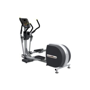 A gray elliptical trainer with a digital display, handles for support, and two foot pedals.