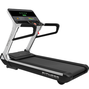 A black motorized treadmill with a digital display, handles for support, and a wide running belt.