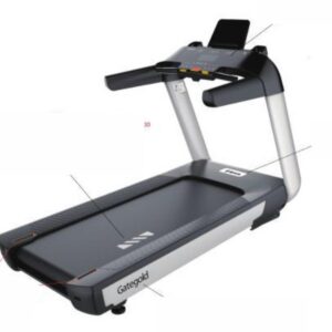 A gray motorized treadmill with a digital display, handles for support, and a wide running belt.