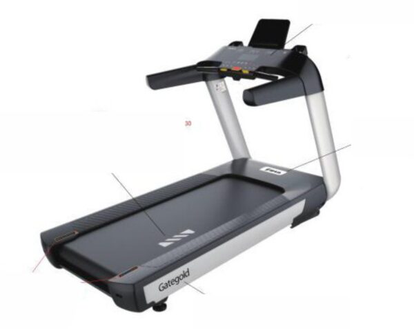 A gray motorized treadmill with a digital display, handles for support, and a wide running belt.