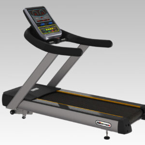 A gray motorized treadmill with a digital display, handles for support, and a wide running belt.