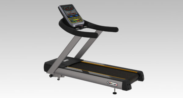 A gray motorized treadmill with a digital display, handles for support, and a wide running belt.