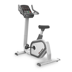 A gray Impulse Fitness PU300 Upright Bike with a digital display, adjustable handlebars and seat, and a heavy-duty frame.