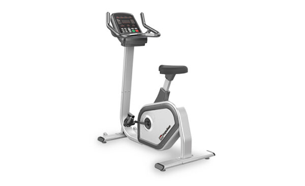 A gray Impulse Fitness PU300 Upright Bike with a digital display, adjustable handlebars and seat, and a heavy-duty frame.