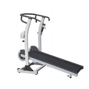 A gray manual treadmill with handrails and a small, inclined running surface. It is designed for walking at a slow pace.