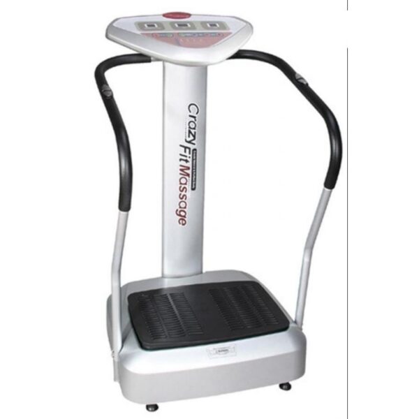 A gray whole-body vibration machine with a digital display, handles for support, and a vibrating platform.