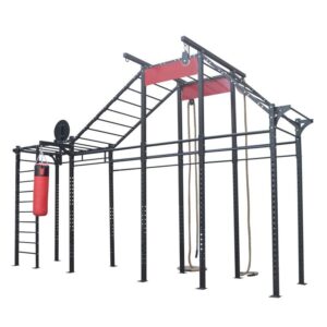 A large, multi-functional gym rig with a variety of equipment, including a pull-up bar, monkey bars, rings, a rope climb, a punching bag, and weight plate storage.