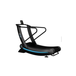 Curved treadmill with a black frame and a blue LED light strip underneath the running belt. The treadmill has handles on either side for support and a digital display.