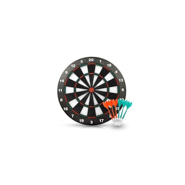 A circular dartboard with red and green segments and a bullseye in the center. Three darts are included with the board, two red and one green.