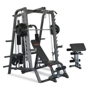 A Titanium Strength 160ST Total Smith Machine. It's a multi-functional home gym equipment with a squat rack, weight plate storage, a bench, and a cable machine with pulleys and a weight stack.