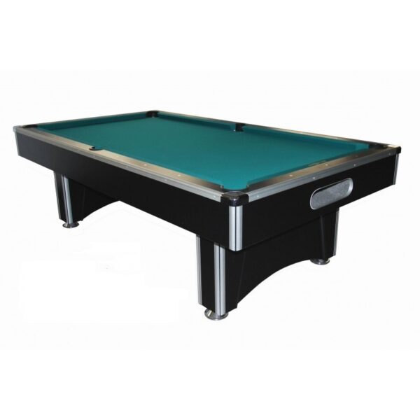 A black pool table with a green felt surface and chrome accents. The table has a rectangular shape with rounded corners and a sturdy base.