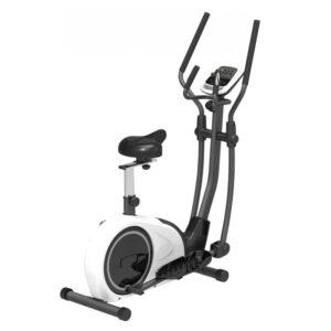 A white and black elliptical trainer with a built-in exercise bike. It has a digital display, adjustable handlebars, and a comfortable seat.