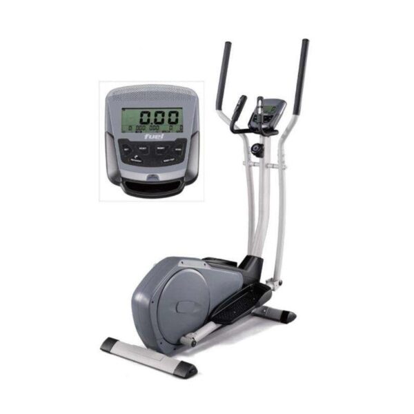 A gray elliptical trainer with a digital display, handles for support, and two foot pedals.