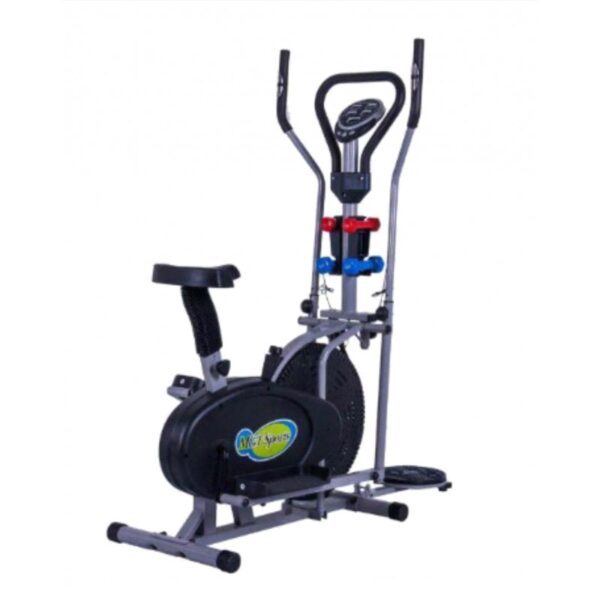 A gray elliptical trainer with red and blue accents, featuring adjustable handles, pedals, and a digital display. It also has a built-in exercise bike function.