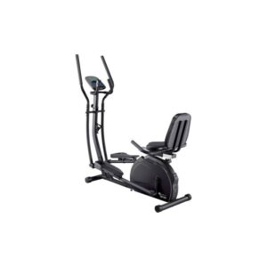 A black elliptical trainer with a built-in recumbent exercise bike. It has a digital display, adjustable handlebars, and a comfortable seat.