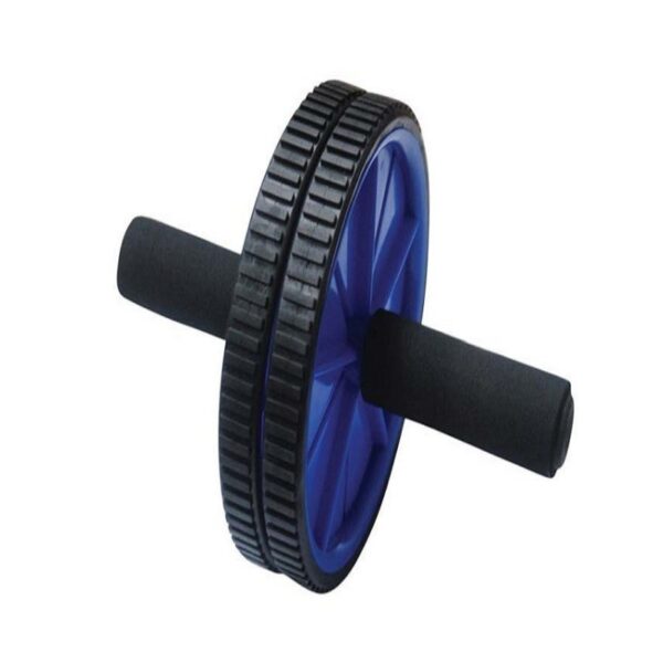 A blue ab wheel roller with black foam handles. The wheel has two grooved rollers and a central hub.