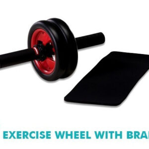 Exercise wheel with a red center and black outer ring. The wheel has a black handle and comes with a black exercise mat. The text "EXERCISE WHEEL WITH BRAKE" is visible in the image.