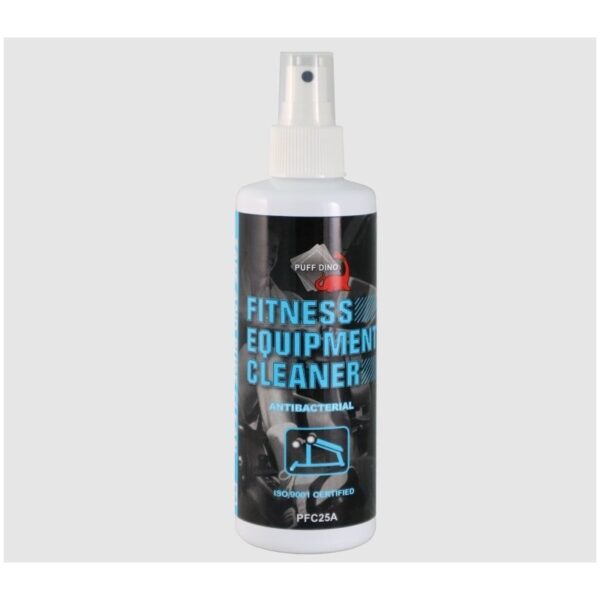 A white spray bottle labeled "PUFF DINO FITNESS EQUIPMENT CLEANER". The bottle contains an antibacterial cleaner certified to ISO 9001 standards. The product code is PFC25A.