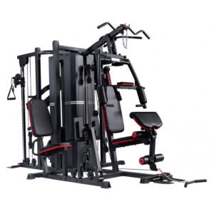 MF-9954-5 Multi-Function Gym: A black multi-station home gym equipment with adjustable weights, multiple exercise stations, and padded seats. The equipment includes a bench press station, a lat pulldown station, a pec deck station, and a low row station.