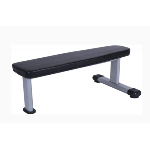 A flat weightlifting bench with a black padded seat and a silver metal frame. The bench has a rectangular shape and no backrest.