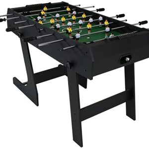 A black foosball table with a green playing field. The table has a foldable stand and includes foosball players and rods.