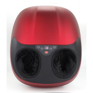 A red foot massager with black foot pockets. The massager has a digital display and several buttons for controlling the settings.