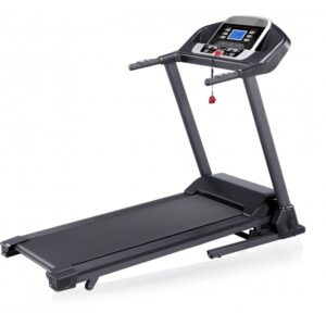 A black motorized treadmill with a digital display, handles for support, and a wide running belt. The treadmill has a "T2 Fuel".