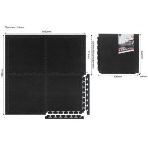 Four black interlocking puzzle mats with dimensions of 1020mm x 1020mm and a thickness of 10mm. The mats have a textured surface and are designed to be used for flooring in gyms or home workout spaces.